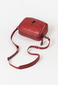 Red leather crossbody bag with a rectangular shape, zip closure, and adjustable strap. Smooth texture, minimal hardware, and subtle stitching.