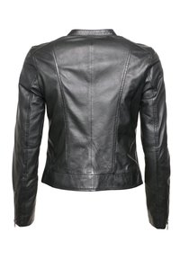 Černá kožená bunda s přiléhavým střihem, hladkým povrchem, detailním prošíváním a zapínáním na zip na manžetách. Obsahuje klasický límec a švy na zadním panelu.