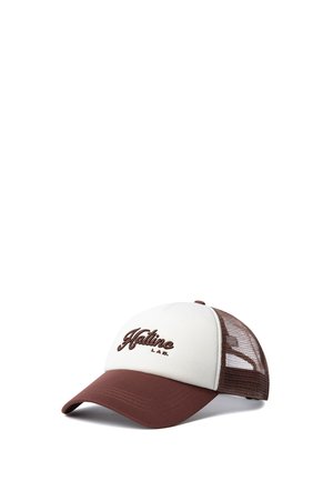 Baseballkasket med brun skygge og net i ryggen, hvid frontpanel med broderet tekst "Hatline L.A.B." i brun.