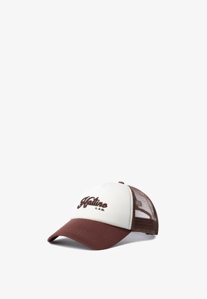 Baseball cap with brown visor and mesh back, white front panel embroidered with the text "Hatline L.A.B." in brown.