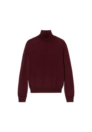 Maglione a collo alto borgogna realizzato in morbido tessuto a maglia. Presenta maniche lunghe, polsini e orlo a coste, e una silhouette aderente.