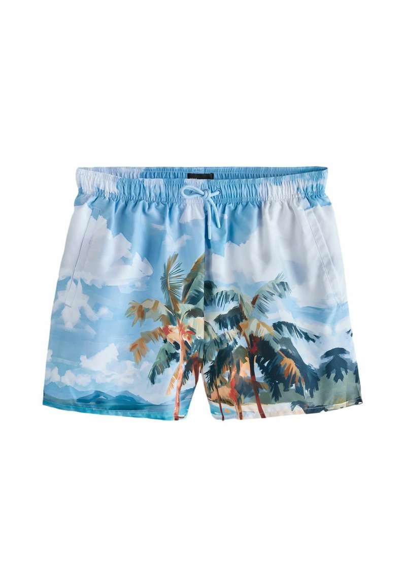 Șorturi de înot de culoare albastră deschisă, cu un imprimeu tropical cu palmieri. Realizate din material ușor, cu o talie elastică și un șnur în față.