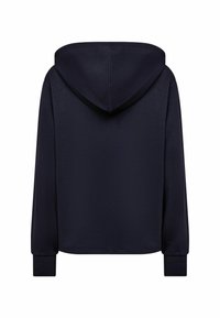 Marineblaues Kapuzensweatshirt mit langen Ärmeln, weichem Stoff und gerippten Bündchen. Es hat ein einfaches Design ohne sichtbare Muster oder Hardware.