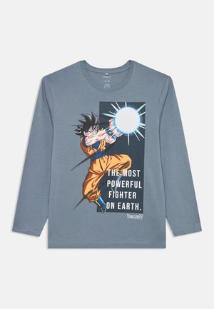 Langärmliges graues T-Shirt mit einem bunten Grafikmotiv eines Charakters in einem oranges Outfit und dem Text: "DER MACHTVOLLSTE KÄMPFER AUF DER WELT."