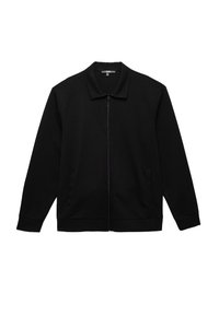 Sort zip-jakke med krave, to sidelommer og ribbede manchetter. Lavet af glat stof, med et enkelt, minimalistisk design.