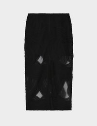 Μαύρη διαφανής φούστα με στρωματοποιημένα κυματιστά σχέδια, ελαστική μέση, μήκος μέχρι τη μέση της γάμπας, με απαλό και υφασμάτινο ύφος.