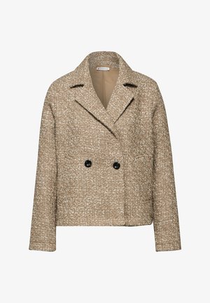 Brązowa kurtka o teksturowanym wykończeniu z podwójnym zapięciem, z klapami oraz czarnymi guzikami. Posiada skrócony krój i gładką podszewkę.