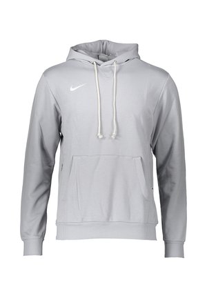 Hellgrau Hoodie mit Kapuze und Zugband, einer vorderen Kängurutasche und gerippten Bündchen. Mit kleinem weißen Nike-Logo auf der Brust.