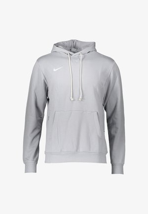 Haut à capuche gris clair avec un cordon de serrage, une poche kangourou à l'avant et des poignets côtelés. Il présente un petit logo Nike blanc sur la poitrine.