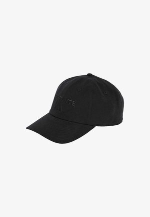 Black cotton baseball cap with a curved brim, embroidered logo on the front, and adjustable strap at the back. Matte texture and clean design.