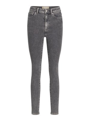 Sötét szürke denim skinny farmer, magas derékkal, övaggyal, klasszikus öt zsebes dizájnnal és finom kopási részletekkel.