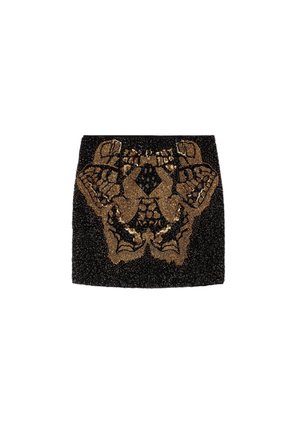 Zwarte parels mini rok met een gedetailleerd goud- en zwartvlinderontwerp, een gestructureerd oppervlak en een aansluitende snit.