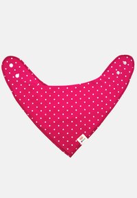 Roze bandana met witte stippen, driehoekige vorm, ronde hoeken, drukknopen en een klein etiket aan de rand.