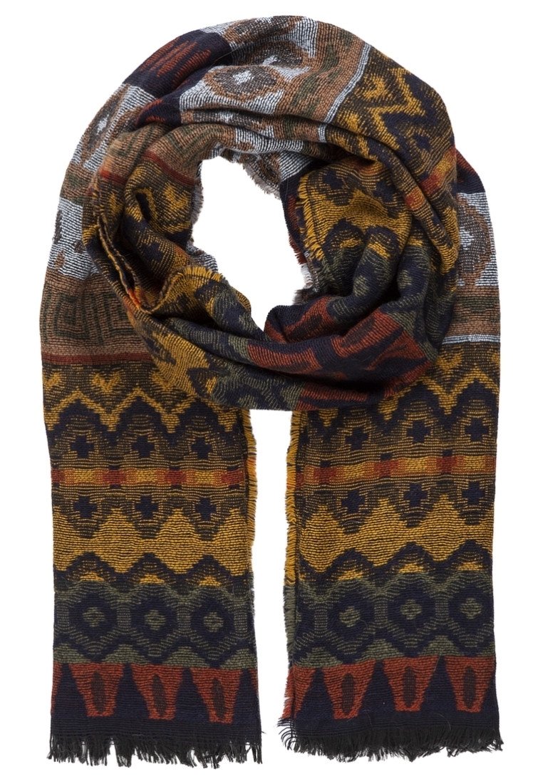 Écharpe tissée multicolore présentant des motifs géométriques en or, marine et rouge. Les bords sont frangés avec une finition en tissu texturé.