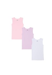 Drie tanktops in pastelkleuren: roze, lavendel en wit. Elke top heeft een ronde halslijn en een klein strikaccent in het midden.