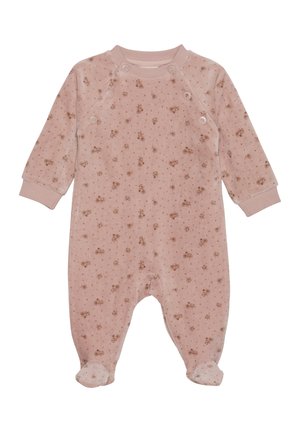 Light pink onesie with long sleeves, featuring a floral pattern and snaps on the shoulder; soft fabric with foot covers.