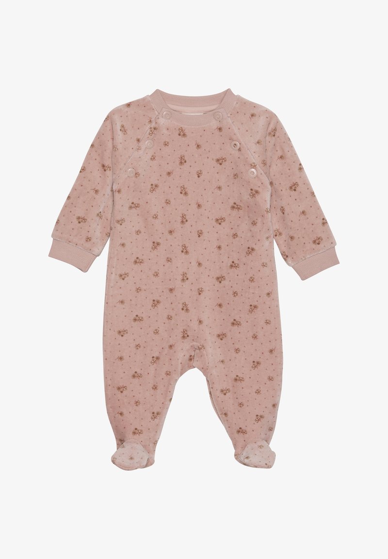 Rosa Onesie mit langen Ärmeln, ausgestattet mit einem floralen Muster und Druckknöpfen an der Schulter; weicher Stoff mit Fußabdeckungen.