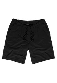 Schwarze Shorts aus weichem Stoff mit einem elastischen Bund und einem Kordelzug. Verfügt über Taschen und ein dezentes Logo auf der linken unteren Seite.