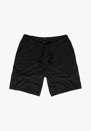 Czarne szorty wykonane z miękkiego materiału, z elastycznym pasem i sznurkiem do regulacji. Posiadają kieszenie oraz subtelne logo na dolnej lewej stronie.