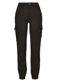 Pantalon cargo noir avec taille cintrée, poches latérales et poignets élastiques ; fabriqué dans un tissu robuste à la texture lisse.