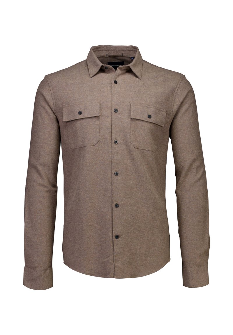 Bruine blouse met lange mouwen van gestructureerde stof, voorzien van twee borstzakken met kleppen, zwarte knopen en een klassiek kraagontwerp.