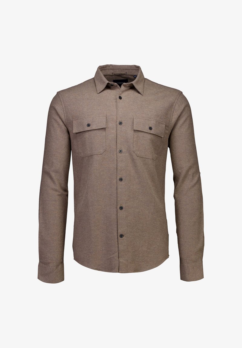 Bruine blouse met lange mouwen van gestructureerde stof, voorzien van twee borstzakken met kleppen, zwarte knopen en een klassiek kraagontwerp.