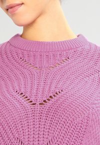Lila gebreide trui met een ribgebreide ronde hals en ingewikkelde openwork details aan de voorkant, die een gestructureerd patroon benadrukken.