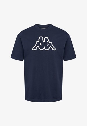 Tumesinine puuvillane T-särk, millel on valge graafiline kujundus kahest istuvast figuurist. Lühikesed varrukad ja ümar kaelus.