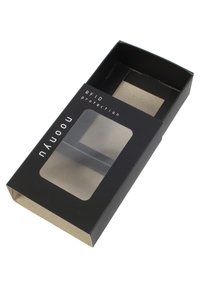 Black cardboard box with a clear plastic window; features “RFID protection” text. Box has a rectangular shape and minimalistic design.