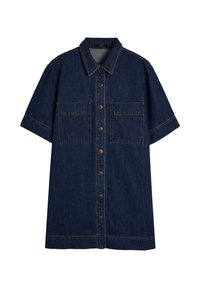 Granatowa koszula sukienka z denimu z krótkimi rękawami, zapinana na guziki z dwiema kieszeniami na piersi i kontrastowym szwem wzdłuż brzegów. Casualowy design.