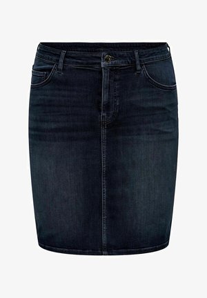 Dark blue denim skirt with front button and zipper, two front pockets, and belt loops, knee-length straight cut.