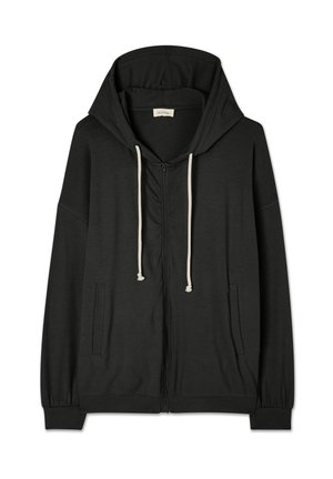 Sweat à zip noir en tissu doux, doté d'une grande capuche, de cordons de serrage et de poches latérales, avec des poignets et un ourlet élastiques.
