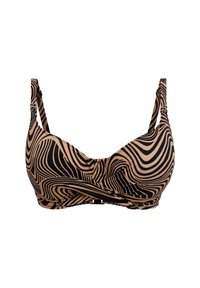 Top de bikini a rayas negro y marrón con copas moldeadas, tirantes ajustables y cierre de gancho. Presenta un patrón ondulado y herrajes decorativos.
