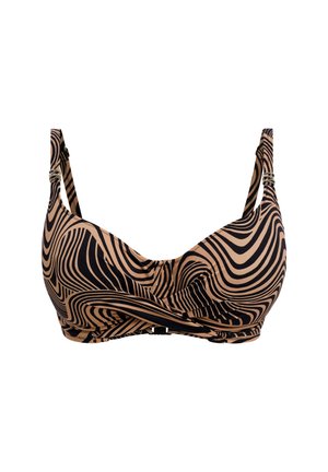 Black and tan striped bikini top with molded cups, adjustable straps, and a hook closure. Features a wavy pattern and decorative hardware.
