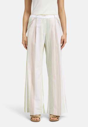 Woman wearing high-waisted, wide-leg pants with vertical pastel stripes and beige woven sandals, standing against a plain background.