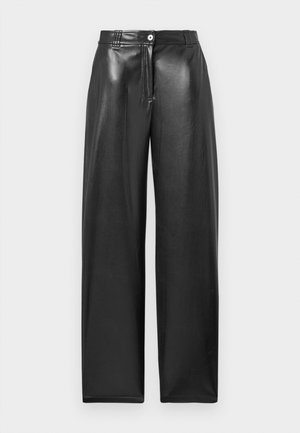 Black wide-leg pants made of glossy material. Features a front button closure, slight sheen, and clean lines without visible patterns.