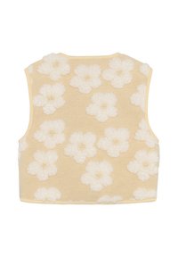 Ärmelloses Crop-Top in hellgelb mit weicher Textur. Verfügt über weiße Blumenmuster und einen runden Ausschnitt mit einem kontrastierenden Saum.