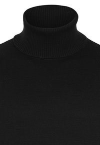 Musthave mustriba kaelusega must sviiter. Sile tekstuur, keha lähedal istuv disain ja ühtlane monokroomne värv.