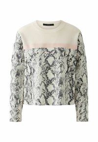 Beschnittenes Sweatshirt in Hellgrau mit einem schwarzen Schlangendruck-Design. Verfügt über ein oberes Teil aus strukturiertem Netz und einen pinken horizontalen Streifen. Rundhalsausschnitt.