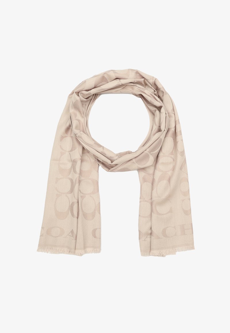 Écharpe beige avec une texture tissée douce, ornée d'un motif de logo répétitif subtil, fini avec des bords frangés.