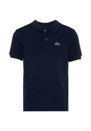Polo a maniche corte blu navy con colletto, due bottoni e piccolo logo di coccodrillo verde sul petto sinistro.