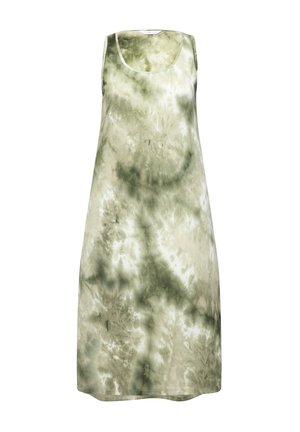 Bezramenné šaty v světle olivově zelené barvě s tie-dye vzorem. Měkká tkanina se volným střihem a kulatým výstřihem, končící těsně nad koleny.