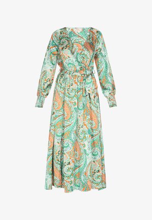 Pikk mähkmeid dress, millel on roheline, oranž ja valge paisley muster. Omab pikki varrukaid, vöökoht on vööga ja voogav seelik, mis omab kerget läiget.