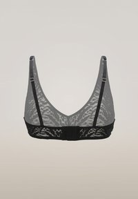 Bralette in pizzo nero con spalline sottili regolabili e chiusura a gancio sul retro su uno sfondo grigio chiaro.