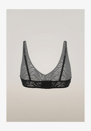 Bralette in pizzo nero con spalline sottili regolabili e chiusura a gancio sul retro su uno sfondo grigio chiaro.