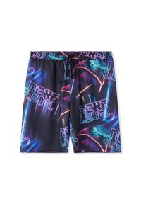 Costumi da bagno neri con un design grafico multicolore che presenta la scritta "NEXT LEVEL" e un motivo di un controller di gioco. Vita elastica con cordino.