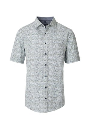 Short-sleeve shirt in light blue fabric with floral pattern, button-up front, and a spread collar. Smooth texture, black buttons detailing.