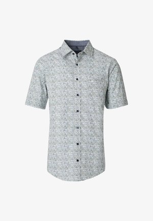 Kurzärmliges Hemd aus hellblauem Stoff mit floralem Muster, Knopfleiste vorne und Kentkragen. Glatte Textur, schwarze Knöpfe als Detail.