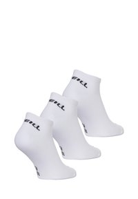 Drie paar korte witte sokken met zwarte branding op de enkel, gemaakt van zacht materiaal, ontworpen voor comfort en ademend vermogen.