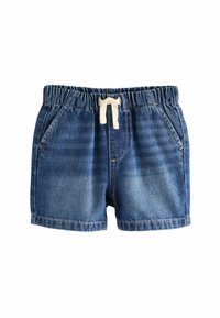 Jeans-Shorts mit einer mittelblauen Waschung, ausgestattet mit einem elastischen Taillenzug und einem cremefarbenen Kordelzug sowie zwei Seitentaschen. Glatte Textur und lässiges Design.